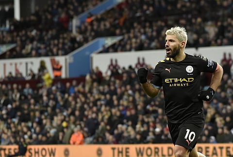 Manchester City's Sergio Aguero celebrates after scoring his side's fifth goal during the English Premier League soccer match between Aston Villa and Manchester City at Villa Park in Birmingham, England. (Photo | AP)
