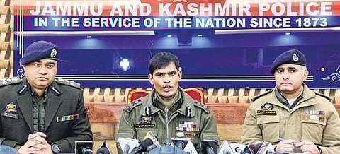 IG, J&K police, Vijay Kumar along with DIG Birdi Kumar and SP, Operations, Tahir Ashraf update media about police action in Srinagar on Sunday. (Photo | PTI)