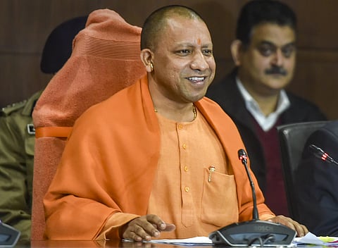 Uttar Pradesh Chief Minister Yogi Adityanath during a press conference at Lok Bhawan after a cabinet meeting in Lucknow on Monday. (Photo | PTI)