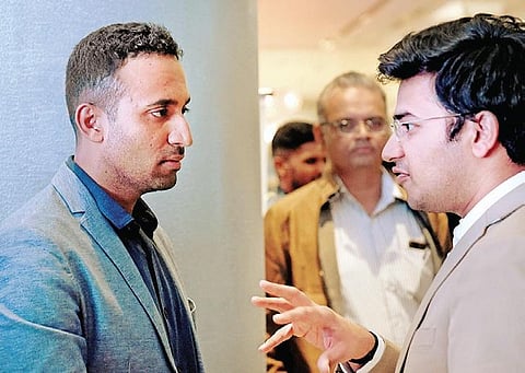 Amoghavarsha J S (left) with Tejasvi Surya | Pic: Meghana Sastry