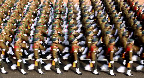 Indian soldiers march during the full dress rehearsal for the Republic Day parade in New Delhi on Wednesday. (Photo | Shekhar Yadav/EPS)