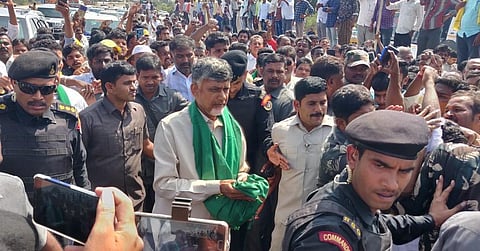 TDP chief and former Andhra Pradesh CM N Chandrababu Naidu seeks funds as part of protest against shifting of capital in Ananthapur district on Monday| Express
