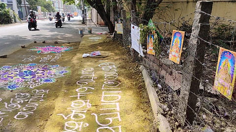 Images of deities placed to prevent residents from littering along roadsides, in Coimbatore on Tuesday| Express