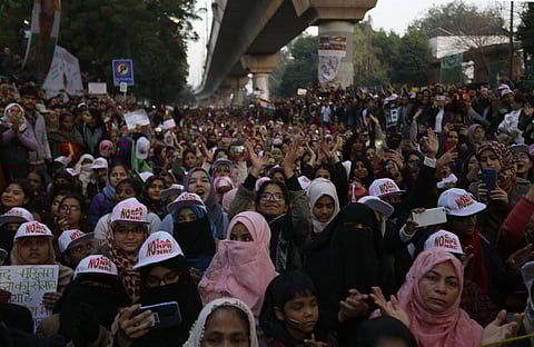 Demonstration against Citizenship Amendment Act outside Jamia Milia Islamia University in New Delhi on Sunday Jan. 12 2020. (Photo | Arun Kumar P/EPS)