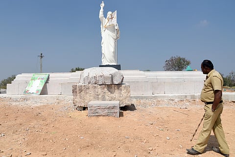 A symbolic statue of Jesus Christ stands atop Kapala Betta. (Photo | Nagaraja Gadekal/EPS)