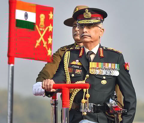 Army chief Manoj Mukund Naravane inspects the guard of honour during the Army Day Parade at Cariappa Ground in New Delhi Wednesday Jan. 15 2020. (Photo | PTI)