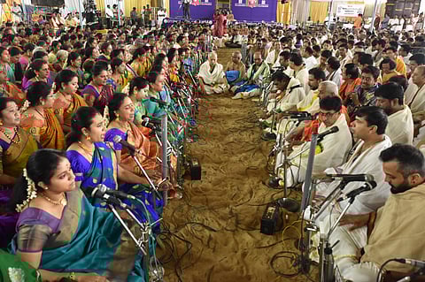 Musicians paying homage to Saint Thyagaraja by rendering his Pancharatna kritis on Wednesday on account of Thyagaraja Aradhana at Tiruvaiyaru. (Photo | Express)