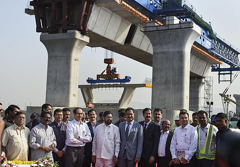 Maharashtra CM Uddhav Thackeray (C) along with Cabinet Minister of Urban Development and Public Works Eknath Shinde (L) during the launch of first girder for the Mumbai Trans Harbour Link MTHL mega project in Mumbai Wednesday Jan. 15 2020. (Photo | PTI)