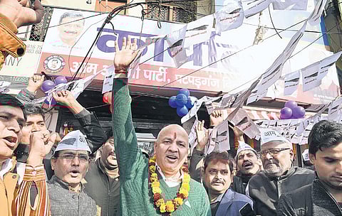 Deputy Chief Minister Manish Sisodia outside the Aam Aadmi Party office in Patparganj | EXPRESS