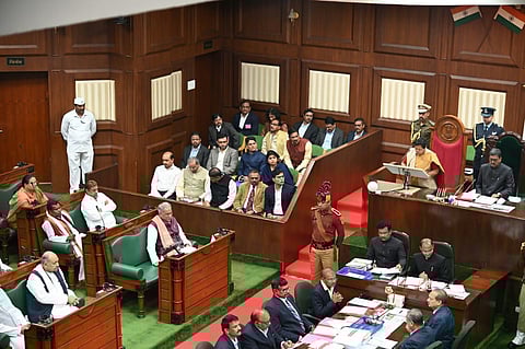 Governor Anusuiya Uikey addressing Chhattisgarh Assembly on Thursday amid the boycott by the opposition. (Photo | Express)