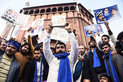 Bhim Army chief Chandrashekhar Azad protests against CAA and NRC at Jama Masjid in New Delhi on Friday. (Photo | Parveen Negi, EPS)