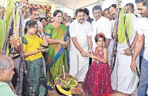 CM and his wife Radha distribute Pongal to children in Salem on Wednesday | Express