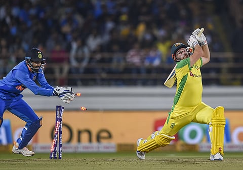 Australian batsman Aaron Finch being stumped by Indian wicket-keeper KL Rahul during the second one day international ODI cricket match between India and Australia. (Photo | PTI)