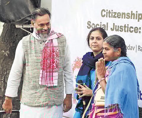 (From left) Swaraj India president Yogendra Yadav; activist Asma Rashid; and Radhika Vemula at Lamakaan in Hyderabad to observe Rohith’s 4th death anniversary on Friday| RVK Rao