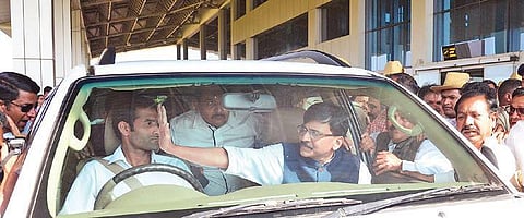 Shiv Sena MP Sanjay Raut at Sambra Airport, in Belagavi, on Saturday | express