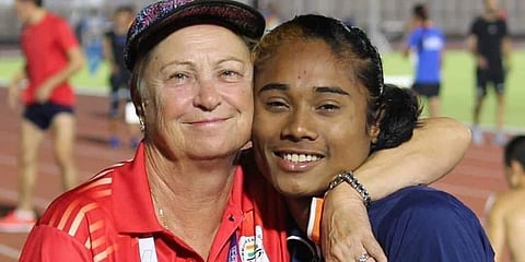 Relay coach Galina Bukharina with sprinter Hima Das (Photo | Hima Das Twitter)