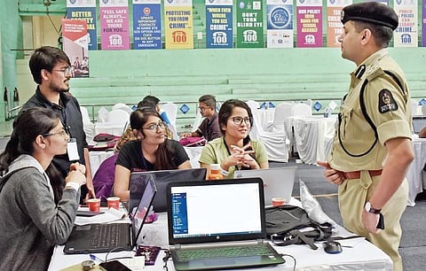 Students participate in the Hyderabad City Police Hackathon at Kotla Vijay Bhaskar Reddy Indoor Stadium at Yosufguda in Hyderabad on Saturday | S Senbagapandiyan
