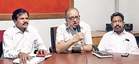 Prof G Haragopal, convener of Forum Against Repression, addressing a press conference at Sundarayya Vignana Kendram in Hyderabad on Saturday