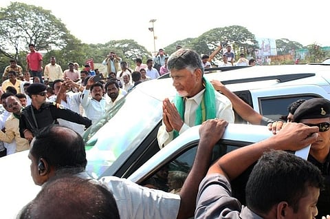 Leader of the Opposition and TDP national president N Chandrababu Naidu greets party supporters in Eluru on Saturday| Express