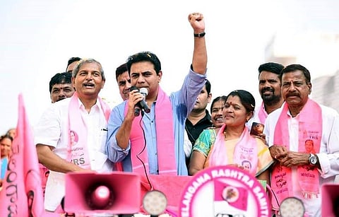 Municipal Administration and Urban Development minister KT Rama Rao addressing election rally in Vemulawada in Rajanna-Sircilla district on Saturday| Express