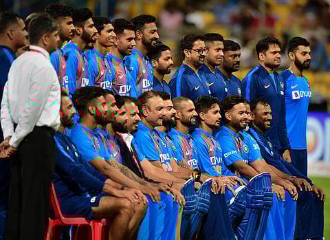 Indian cricket players along with their head coach Ravi Shastri pose for a group photo. (Photo | PTI)