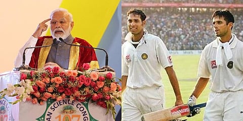 PM Narendra Modi (L) and former Indian cricketers VVS Laxman, Rahul Dravid (Photo | EPS and PTI)