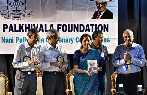 Union Finance Minister Nirmala Sitharaman releases the book of the compilations of speaches while delivering the 'Palkhivala Memorial Lectures on 'Roadmap o 5trillion economy' organised by Nani Palkhiwala Foundation on Sunday in Chennai. (Photo | P Jawaha