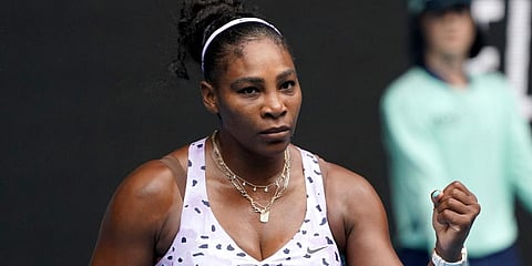 United States' Serena Williams reacts after winning a point against Russia's Anastasia Potapova during their first round singles match at the Australian Open tennis championship in Melbourne. (Photo | AP)