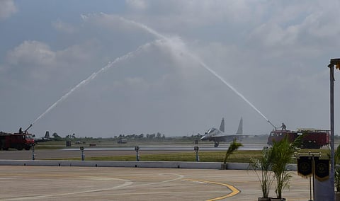 Sukhoi Su-30 MKI aircraft receive water salute at Thanjavur air station in Tamil Nadu on Monday, Jan. 20, 2020. (Photo | MK Ashok Kumar/EPS)