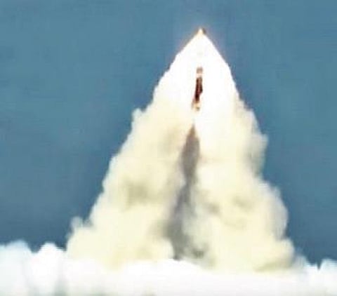 SLBM K-4 being test-fired from an underwater platform off Vishakhapatnam coast. (File Photo)
