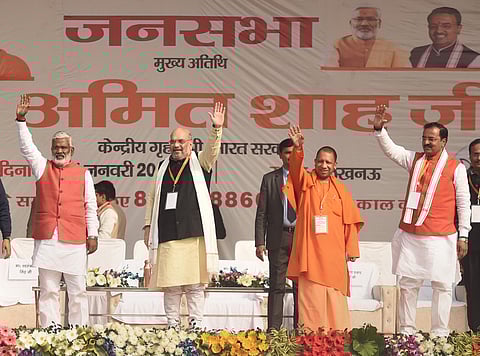 Union Home Minister Amit Shah and UP CM Yogi Adityanath during a rally in support of CAA in Lucknow Tuesday. (Photo | PTI)