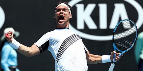 Italy's Fabio Fognini celebrates after defeating Reilly Opelka of the U.S. in their first round singles match at the Australian Open tennis championship in Melbourne. (Photo | AP)