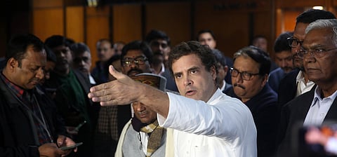 Congress leader Rahul Gandhi with senior leaders of the Opposition bloc after a meeting to discuss the current political scenario following widespread protests in the country. (Photo | EPS/Shekhar Yadav)