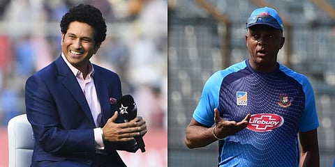 Cricket legends Sachin Tendulkar (L) and Courtney Walsh (Photo | AFP)