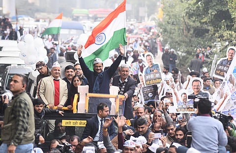 Delhi Chief Minister and AAP chief Arvind Kejriwal leading mega roadshwo before filing nomination. (Photo | Parveen Negi, EPS)