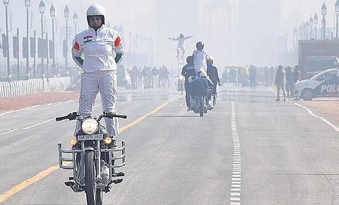Women of the CRPF motorcycle squad that is set to perform at the upcoming Republic Day parade rehearsing for the big day. (Photo| Parveen Negi)