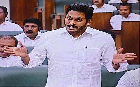 Screengrab of Andhra Pradesh CM YS Jagan Mohan Reddy during assembly on capital issue in Velagapudi on Monday.