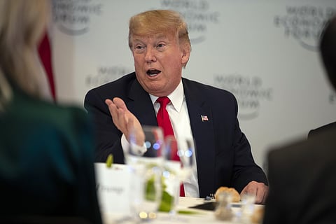 President Donald Trump speaks during a dinner with global business leaders at the World Economic Forum, Tuesday, Jan. 21, 2020, in Davos, Switzerland. (Photo | AP)