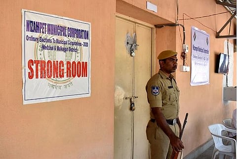 Amid urban local body elections, police guard a strong room at Gokaraju Rangaraju Engineering college in Nizampet. (Photo| S Senbagapandiyan, EPS)