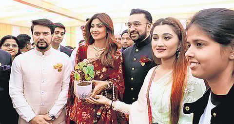 (From left) MP Anurag Thakur with Champions of Change Award 2019 recipients Shilpa Shetty, Raj Kundra and Arushi Nishank