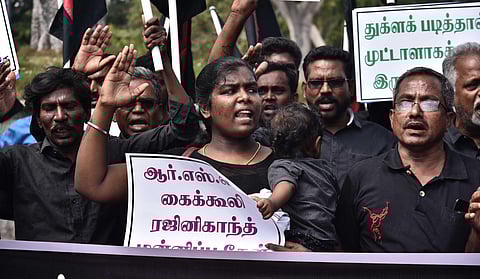 Members of Dravidar Viduthalai Kalaham protest against actor Rajinikanth for his remarks on icon of Dravidian movement Periyar on Wednesday in Chennai. (Photo | P Jawahar/EPS)