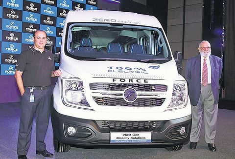 Force Motors chairman Abhay Firodia and MD Prasan Firodia unveil the company’s next generation shared mobility solution in Pune. (Photo| EPS)