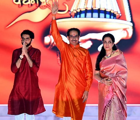 Maharashtra CM Uddhav Thackeray with his family members waves towards people at a function in Mumbai Thursday Jan. 23 2020. (Photo | PTI)