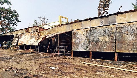 Fire razes 23 fruit shops at Maa Tarini vending zone near Kalpana Square. (Photo | EPS)