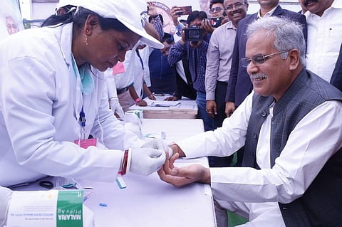 CM Bhupesh Baghel gave his blood sample for clinical diagnosis in Dantewada to boost the ongoing mission. (Photo | Express)