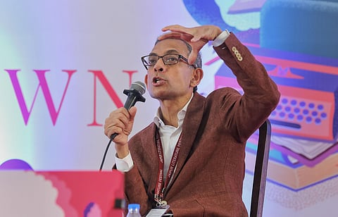 Noble Laureate Abhijit V Banerjee speaks during the Jaipur Literature Festival at Diggi Palace in Jaipur Sunday. (Photo | PTI)