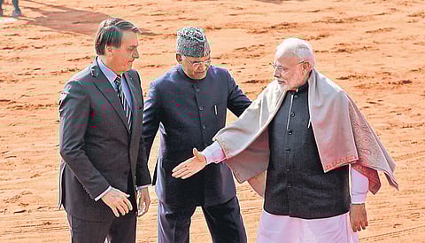 Brazil’s President with Prime Minister Narendra Modi and President Ram Nath Kovind at Rashtrapati Bhavan (Photo | Shekhar Yadav/EPS)