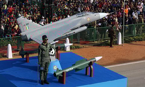 The IAF tableau with the Astra missile and a Rafale jet on display at Rajpath. (Photo | Shekhar Yadav, EPS)