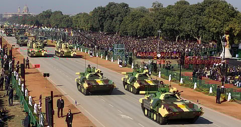 Indian Armys tanks are displayed during the full dress rehearsal for the Republic Day parade in New Delhi on Thursday. (Photo | Shekhar Yadav/EPS)