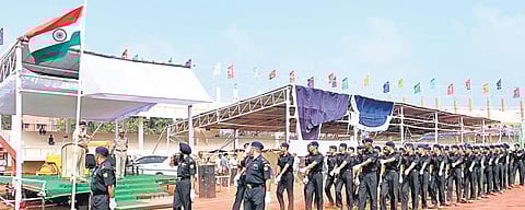 Police personnel rehearsing for the Republic Day parade at IGMC Stadium in Vijayawada | Express